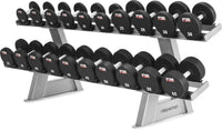Freemotion Twin Tier Dumbbell Rack three-quarter view loaded with dumbbells