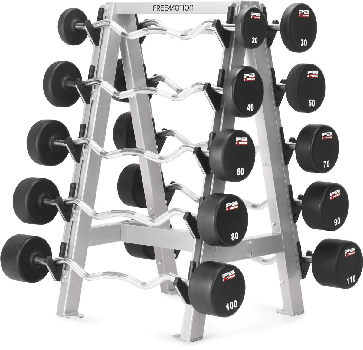 Freemotion Barbell Rack EF210 three-quarter view loaded with barbells