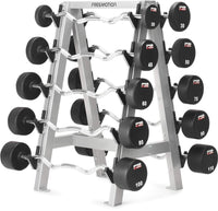 Freemotion Barbell Rack EF210 three-quarter view loaded with barbells