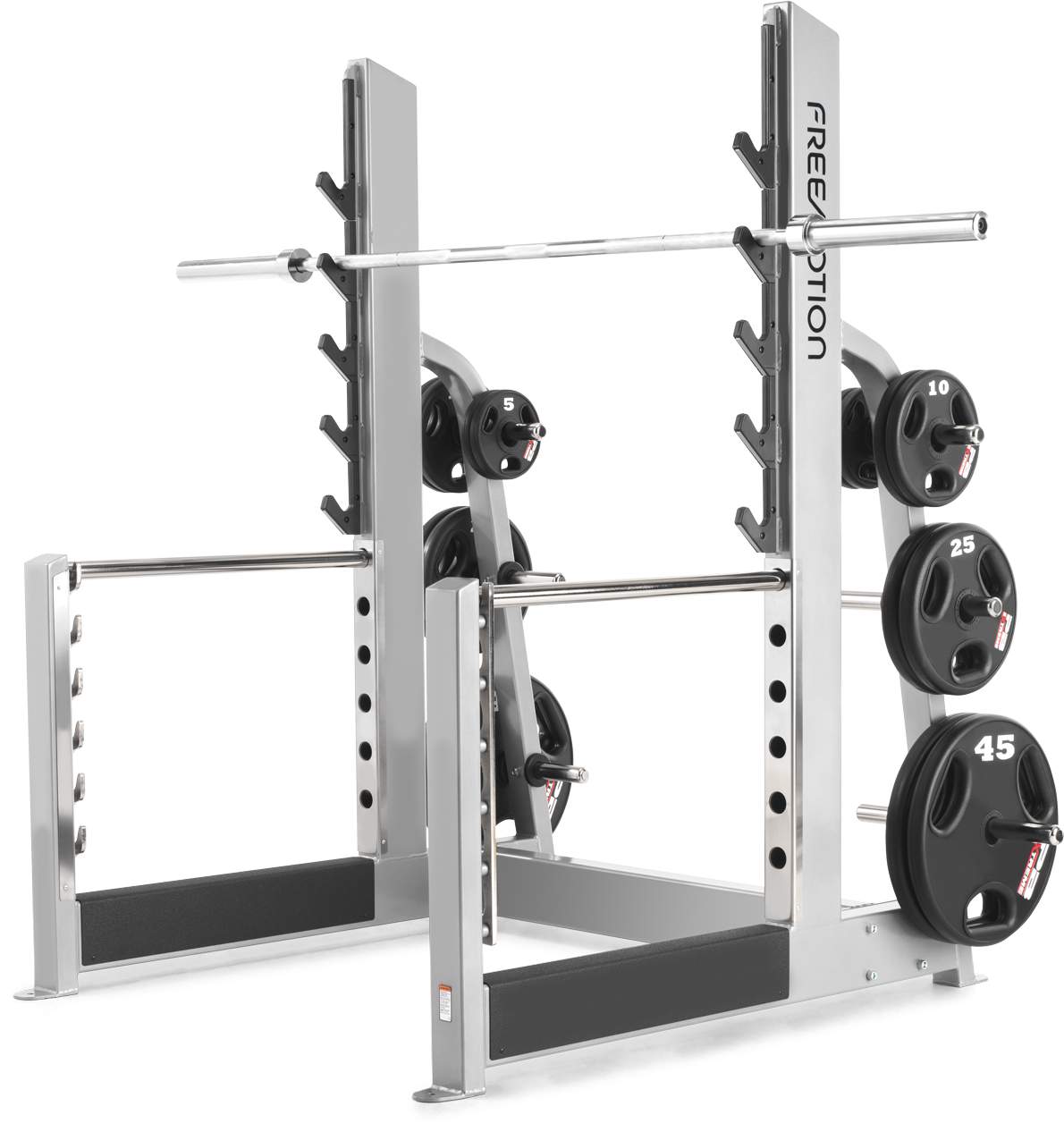 Freemotion Olympic Squat Rack EF212 three-quarter view with bar and weight plates loaded