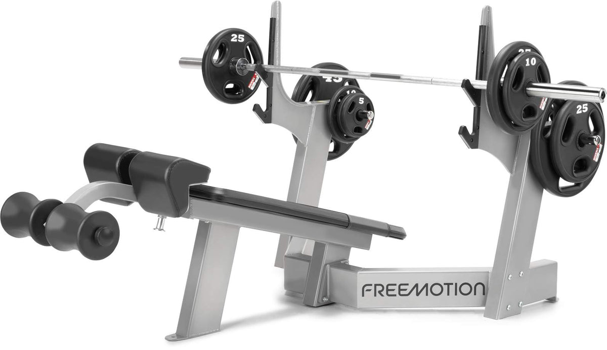 Freemotion Olympic Decline Bench EF215 - Three-Quarter View with Weights