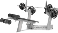 Freemotion Olympic Decline Bench EF215 - Three-Quarter View with Weights