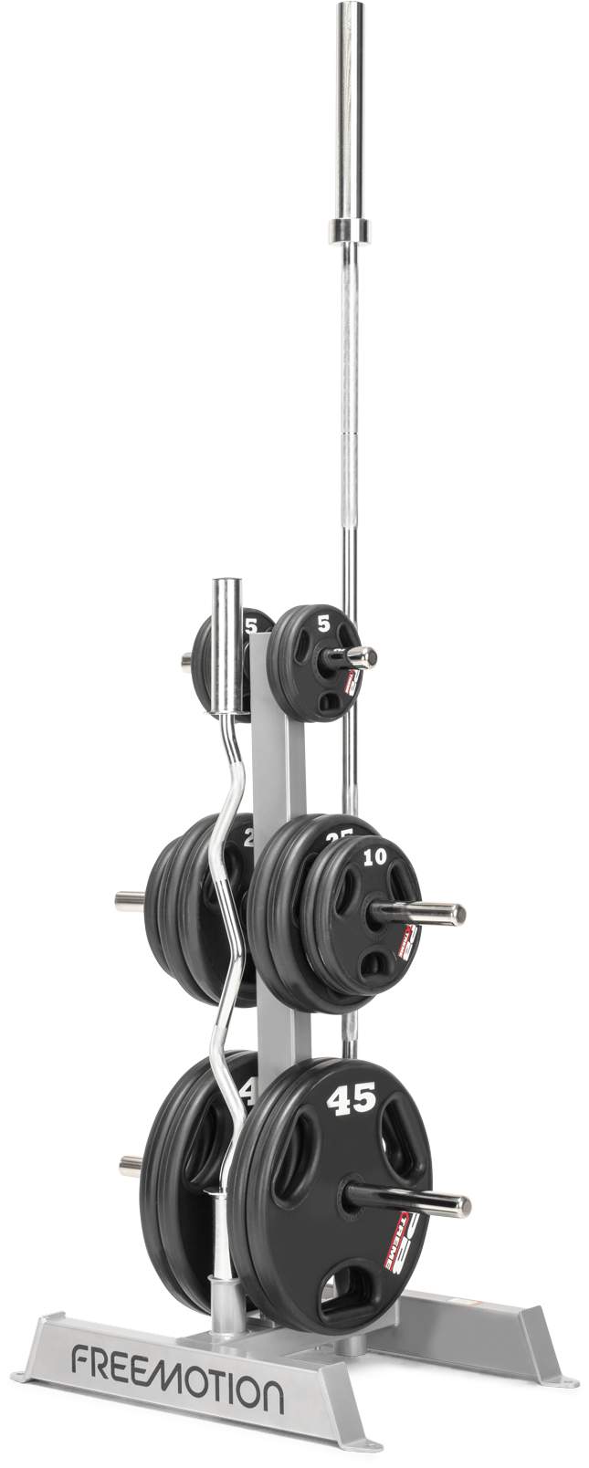 Freemotion EF219 Weight Plate and Bar Storage Rack - 3/4 view with weights loaded