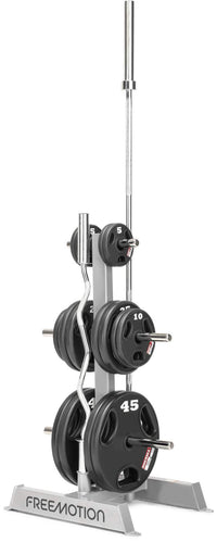 Freemotion EF219 Weight Plate and Bar Storage Rack - 3/4 view with weights loaded