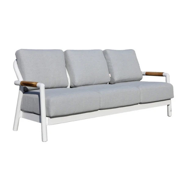 Elementi Santorini 3 Seat Outdoor Sofa in white aluminum frame with Sunbrella Natte Grey Chine cushions and teak armrests