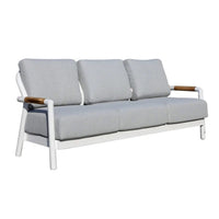 Elementi Santorini 3 Seat Outdoor Sofa in white aluminum frame with Sunbrella Natte Grey Chine cushions and teak armrests