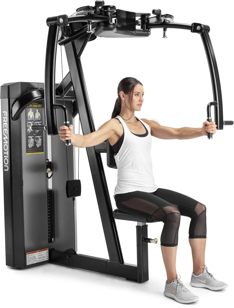 Freemotion EPIC ES806 Pec Fly Rear Delt Selectorized Machine - front three-quarter view with female user