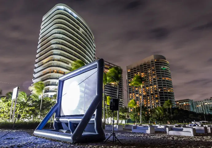Epic EcoCine Premier 16 Outdoor Cinema System with inflatable screen, laser projector, and battery-powered speakers
