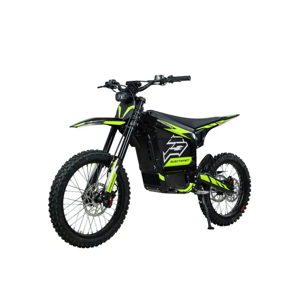 Black electric bike with green accents on a white background