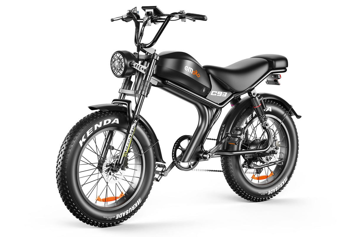 Emoko C93 moped-style electric bike in black - front three-quarter view