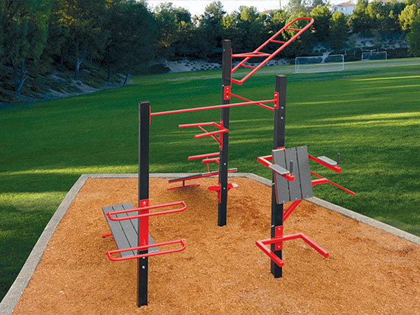 Outdoor fitness and playground equipment in park setting