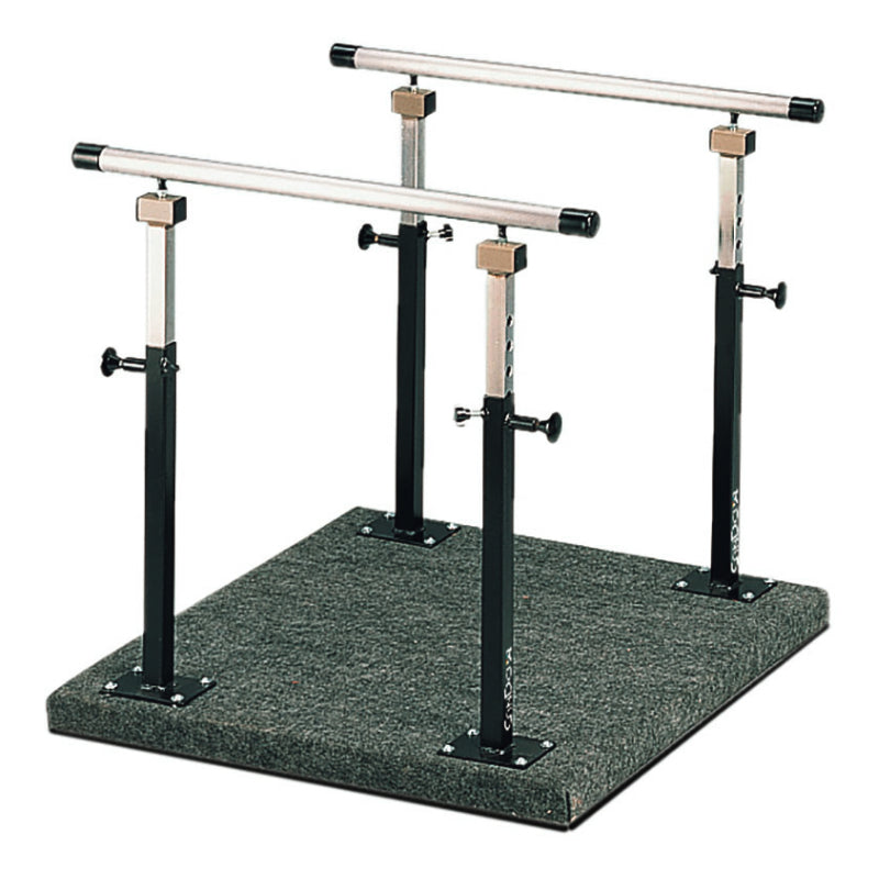 CanDo Adjustable Balance Platform with steel handrails, 36x36 inch carpeted surface, height adjustable from 26 to 39 inches