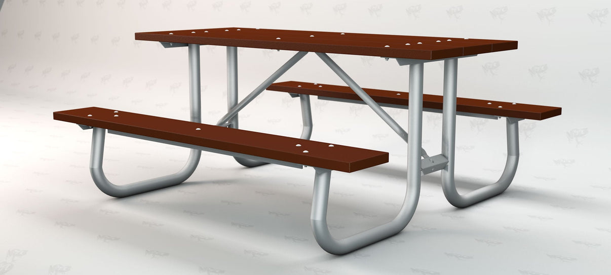 Frog Furnishings Galvanized Frame Picnic Table - right angle view showing galvanized steel frame and Resinwood slats