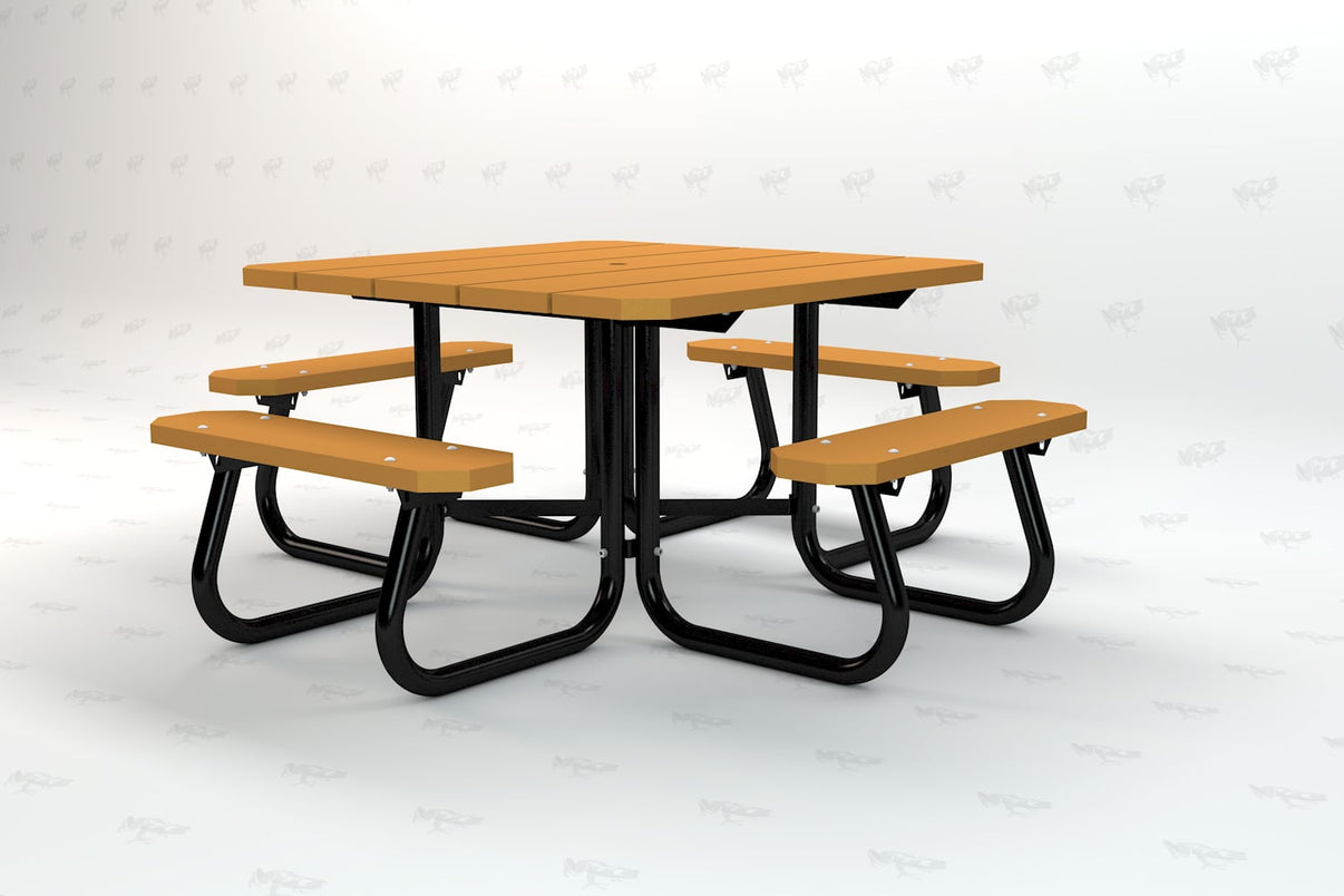 Frog Furnishings 4ft Square Picnic Table in Cedar slat color with black powder-coated steel frame
