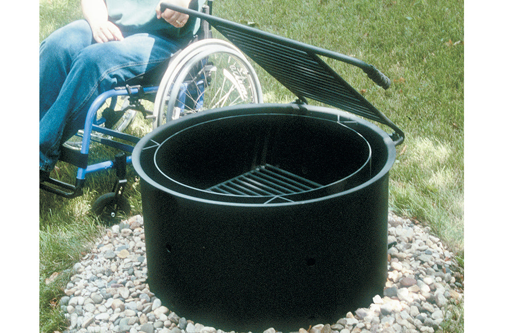Kay Park Wheelchair Accessible Double-Walled Fire Ring 32-inch ADA-compliant with fixed cooking grate and black enamel finish