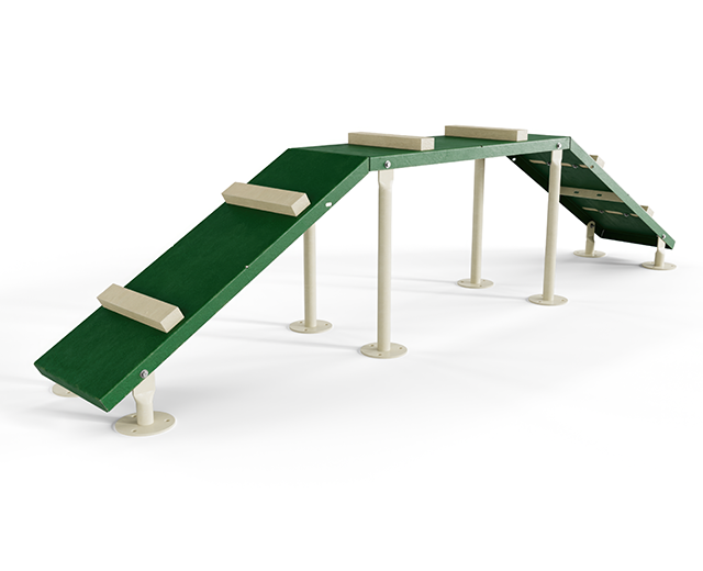 Small Dog Walk agility structure with green canine coating and inground mounted posts for small dog parks
