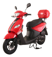 TrailMaster Flash 50cc Street Scooter - full side view showing LED lights, rear trunk, and mag wheels