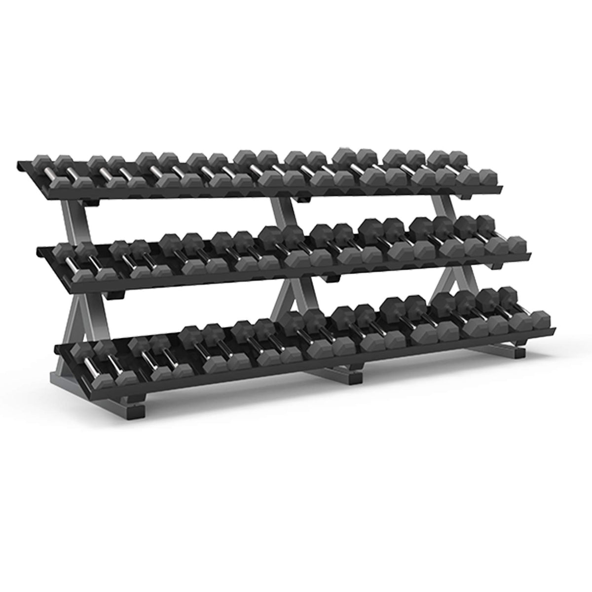 Freemotion Dumbbell Rack Flat - Front View, 3-Tier Commercial Storage