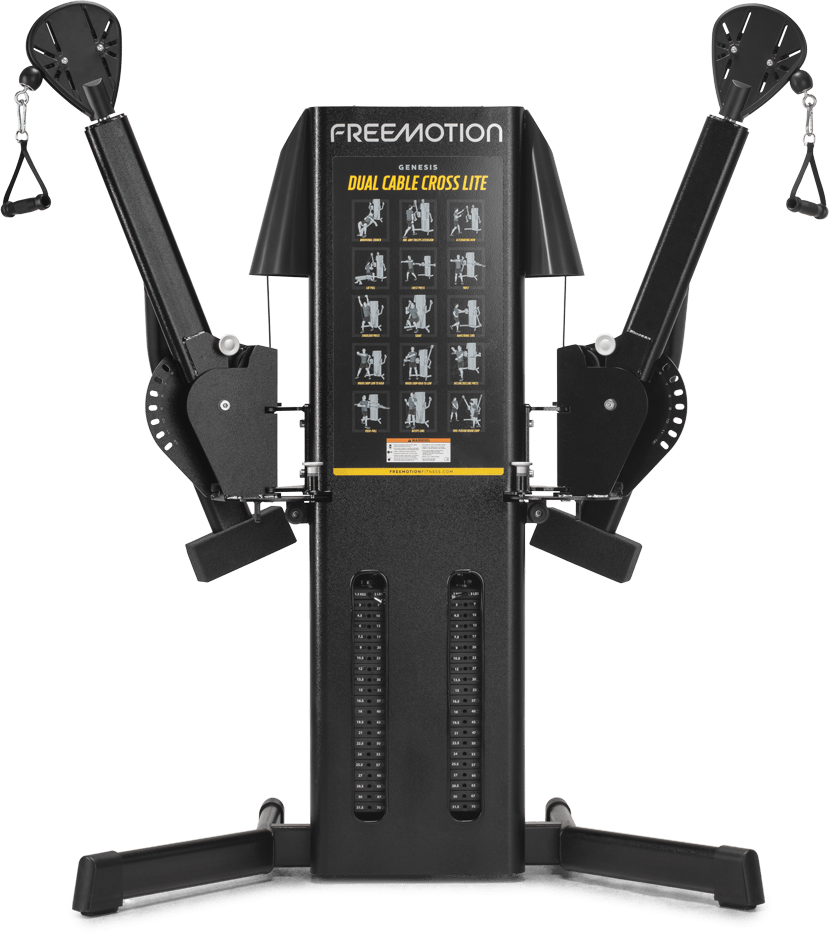 Freemotion Genesis Dual Cable Cross Lite cable machine with arms raised, shown in black finish