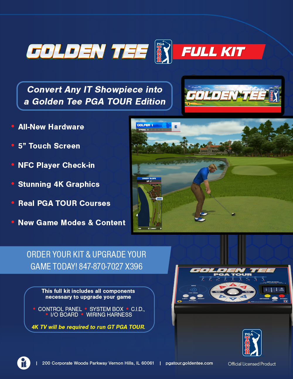 Golden Tee PGA TOUR Full Home Conversion Kit flyer showing included components