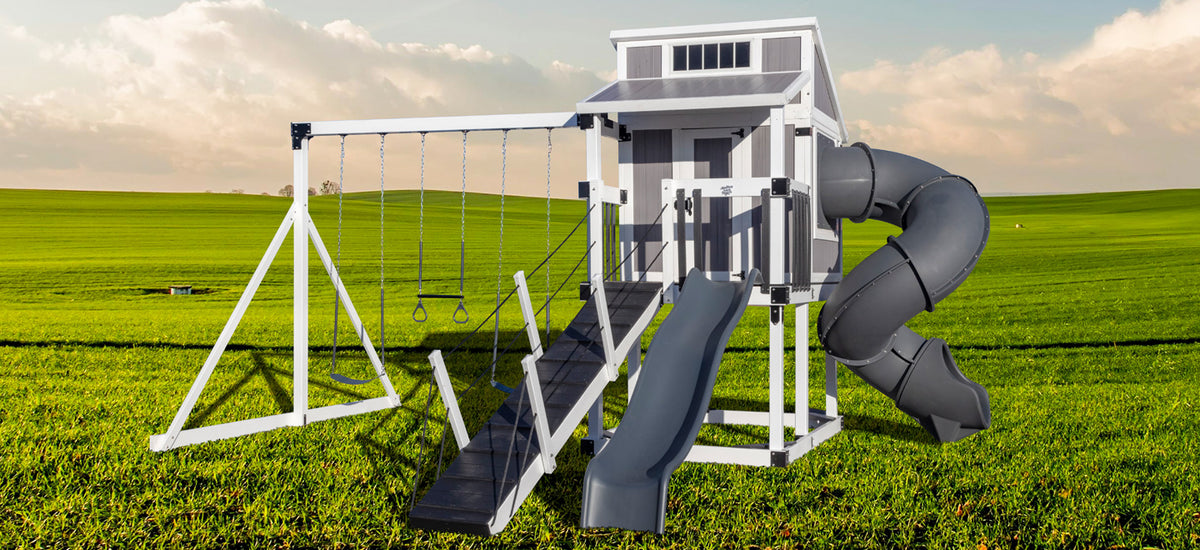 Happy Hideout Swing Set Package H68-10 with playhouse, dual slides, and swing beam