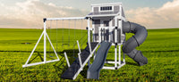 Happy Hideout Swing Set Package H68-10 with playhouse, dual slides, and swing beam