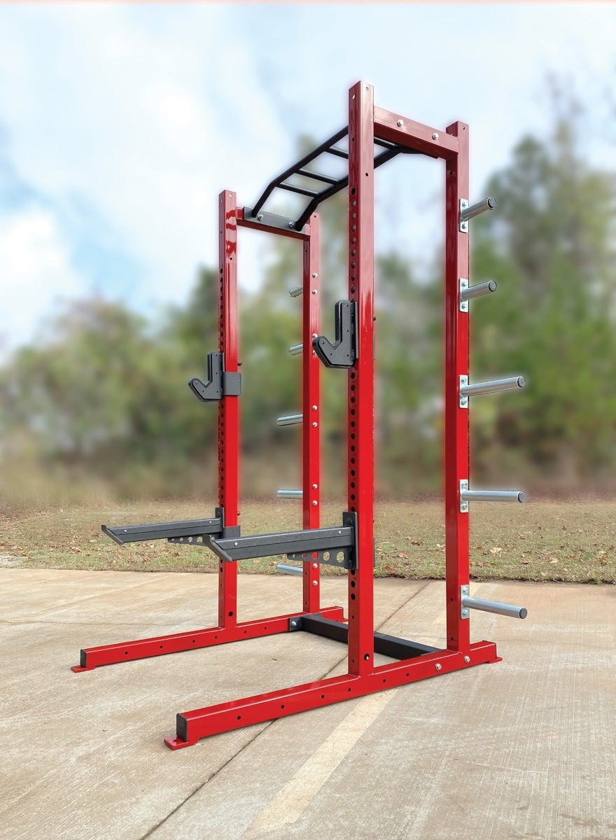 Rae Crowther Varsity Patriot Half Rack - full view showing welded steel frame, monkey chin bar, and weight horns