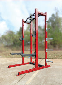 Rae Crowther Varsity Patriot Half Rack - full view showing welded steel frame, monkey chin bar, and weight horns