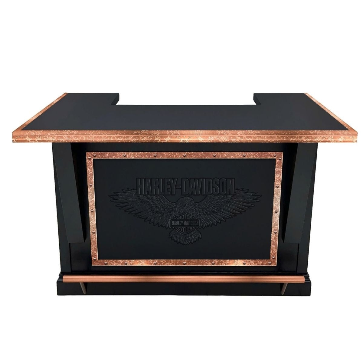 Harley-Davidson Bar and Shield Eagle Bar front view - 72 inch hardwood home bar with embossed leather panel and copper accents