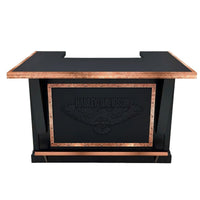 Harley-Davidson Bar and Shield Eagle Bar front view - 72 inch hardwood home bar with embossed leather panel and copper accents