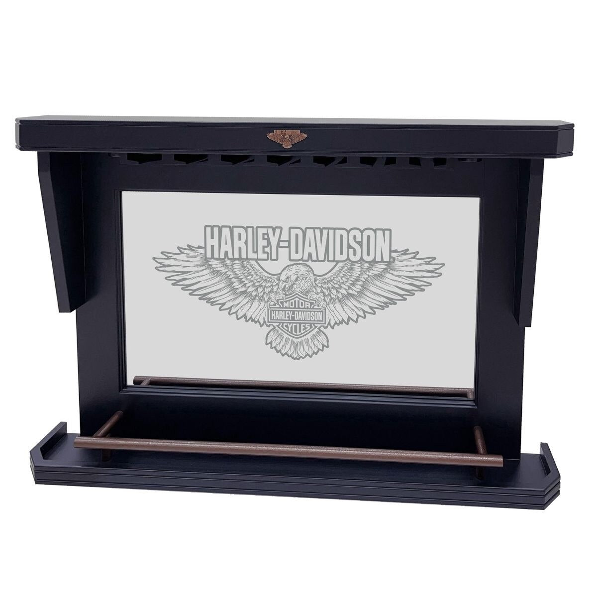 Harley-Davidson Bar and Shield Eagle Back Bar - alternate view showing bottle shelf, stemware rack, and eagle medallion
