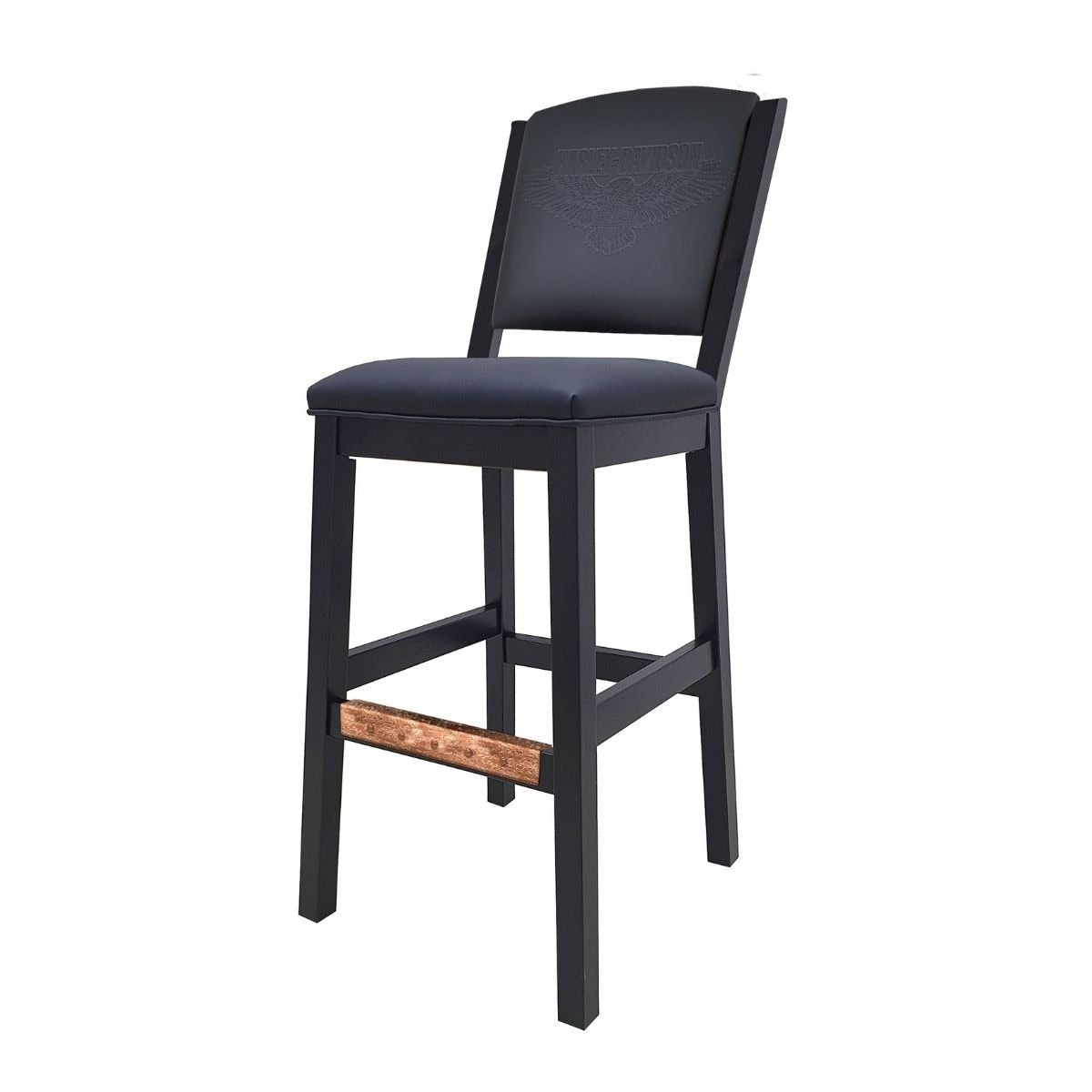 Harley-Davidson Bar and Shield Eagle Backrest Bar Stool with black finish, faux leather seat and backrest with embossed eagle graphic, and textured copper footrest