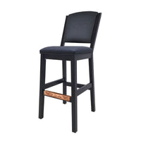 Harley-Davidson Bar and Shield Eagle Backrest Bar Stool with black finish, faux leather seat and backrest with embossed eagle graphic, and textured copper footrest