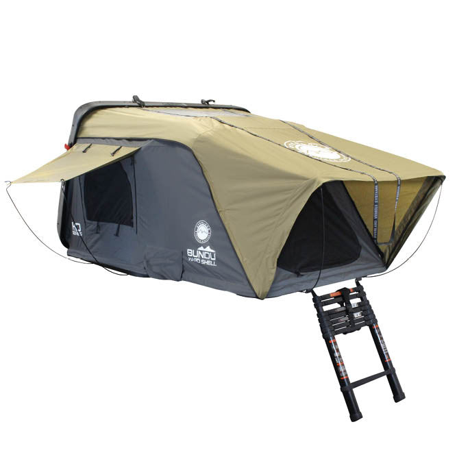 OVS HD Bundu Hard Shell Cantilever Roof Top Tent - Grey Body and Green Rainfly, three-quarter view open