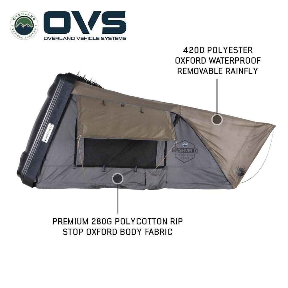 OVS HD Bushveld II 2-Person Cantilever Hard Shell Roof Top Tent - Grey Body and Tan Rainfly, front angle view