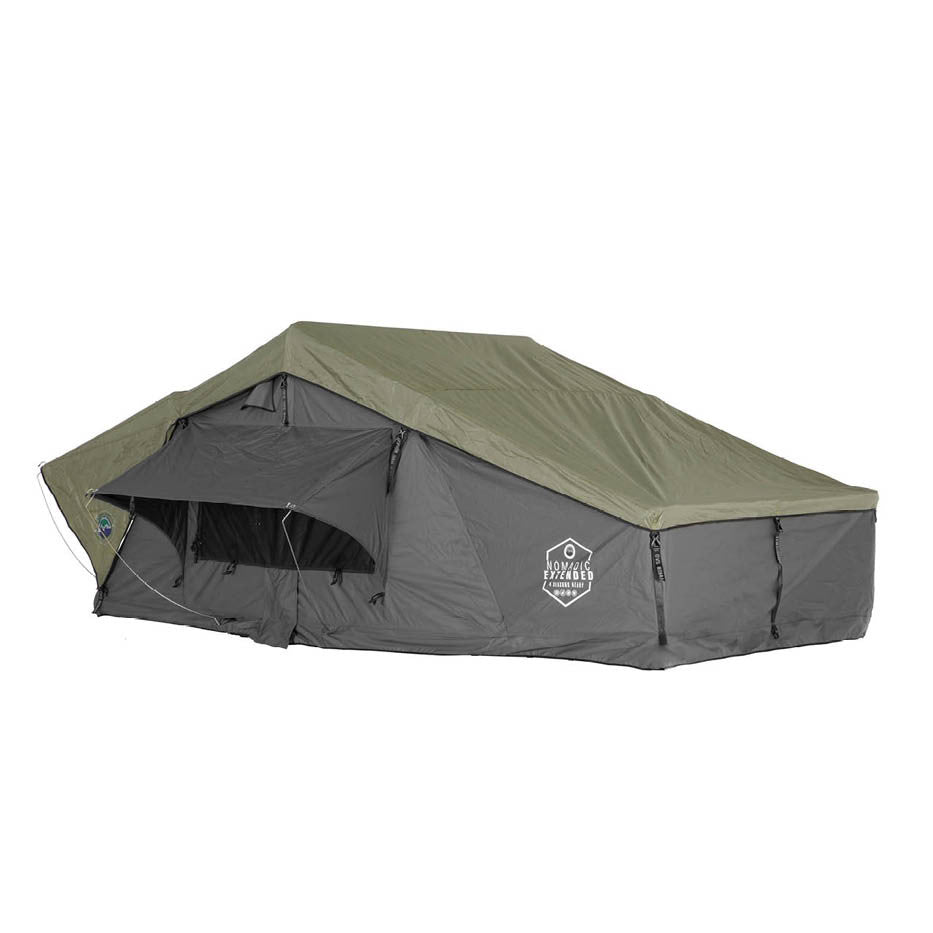 OVS HD Nomadic Extended Soft Shell Roof Top Tent - Grey Body and Green Rainfly, mounted on vehicle