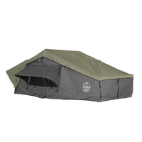 OVS HD Nomadic Extended Soft Shell Roof Top Tent mounted on vehicle, grey body with green rainfly