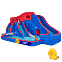SunnyAndFun Deluxe Adventure Inflatable Water Slide Park full view - blue and red with 2 slides and splash pool
