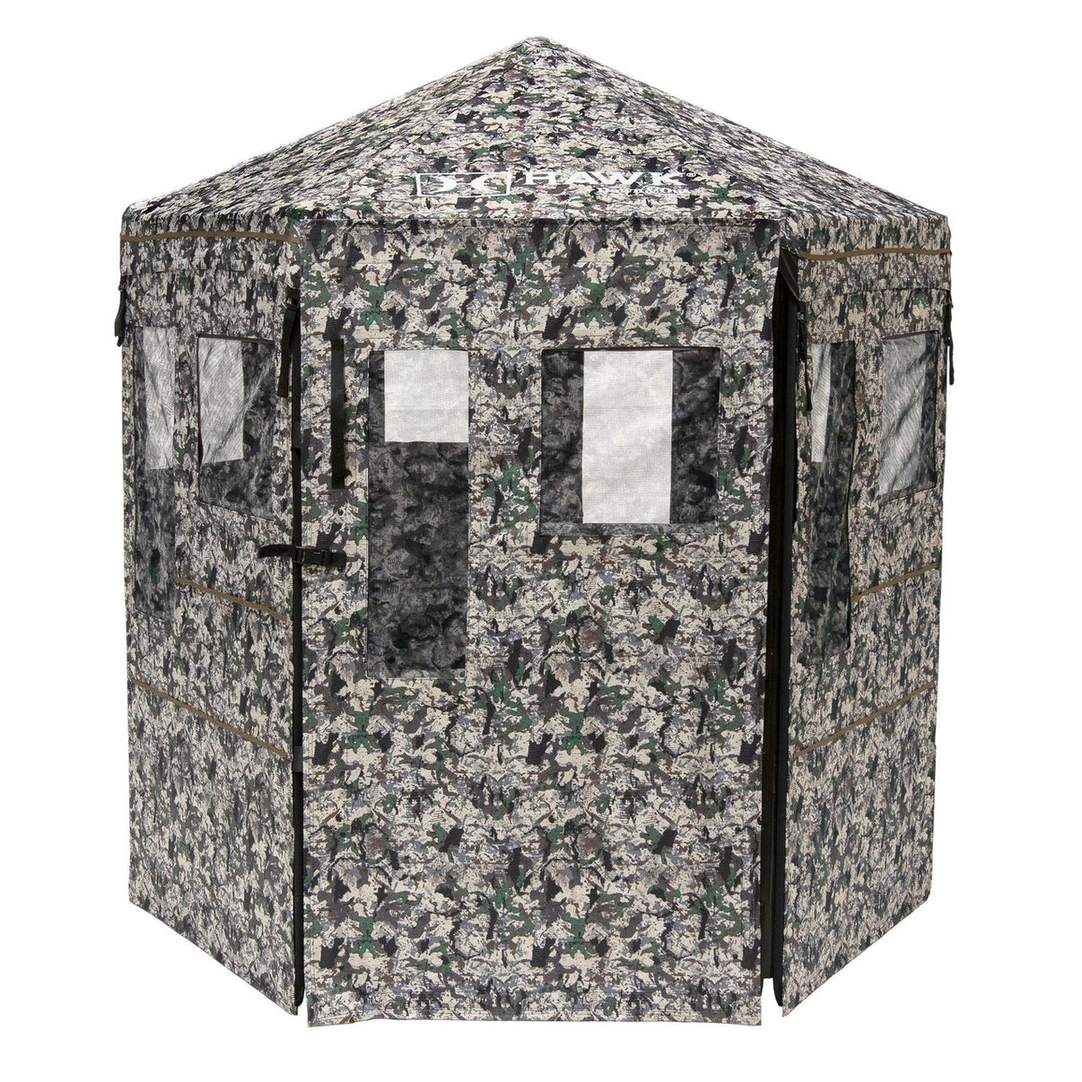 Hawk Warrior Ground Blind in Chaos Camo - exterior view showing accordion panel design and camo pattern