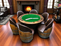Whiskey & Wine Barrel Game Table Set Poker Top and Dining Top Included, 6 Chairs