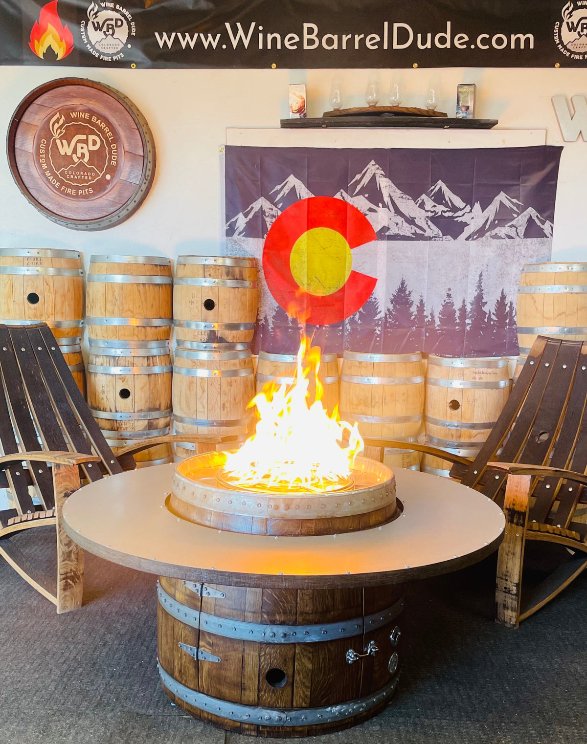 Wine Barrel Dude Coffee Table Fire Pit 24 inch height with 46 inch round tabletop