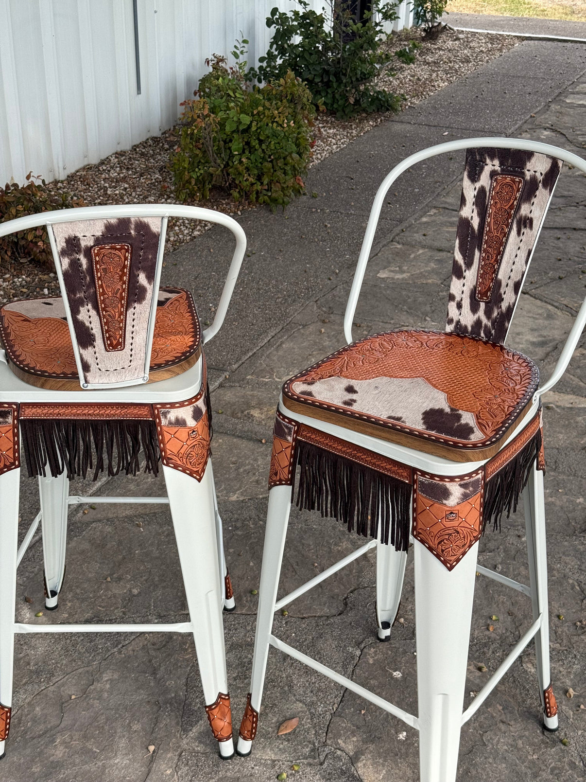 Alamo Saddlery Cow Suede Inlay and Fringe Bar Stools with Tall Back - hero shot