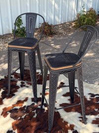 Alamo Saddlery 30 inch black swivel bar stool with black cowboy stitch hand-tooled leather - front view