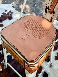 Alamo Saddlery Cow Suede Inlay Copper Fringe Bar Stools with Tall Back - full view