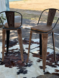Alamo Saddlery Chocolate Cowboy Stitch Swivel Bar Stools with Tall Back - full view