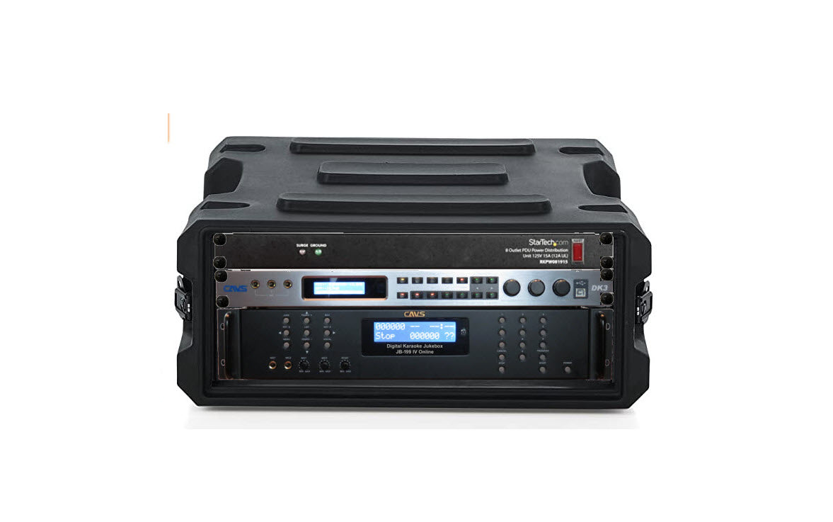 CAVS JB-199 SVC All-In-One Karaoke System with road case, mixer, and components