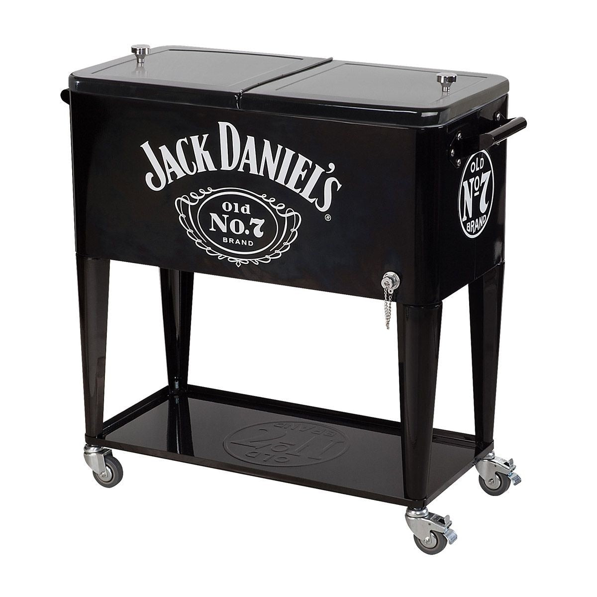 Jack Daniel's 80-Quart Rolling Cooler with black powder coat exterior and Old No. 7 graphics