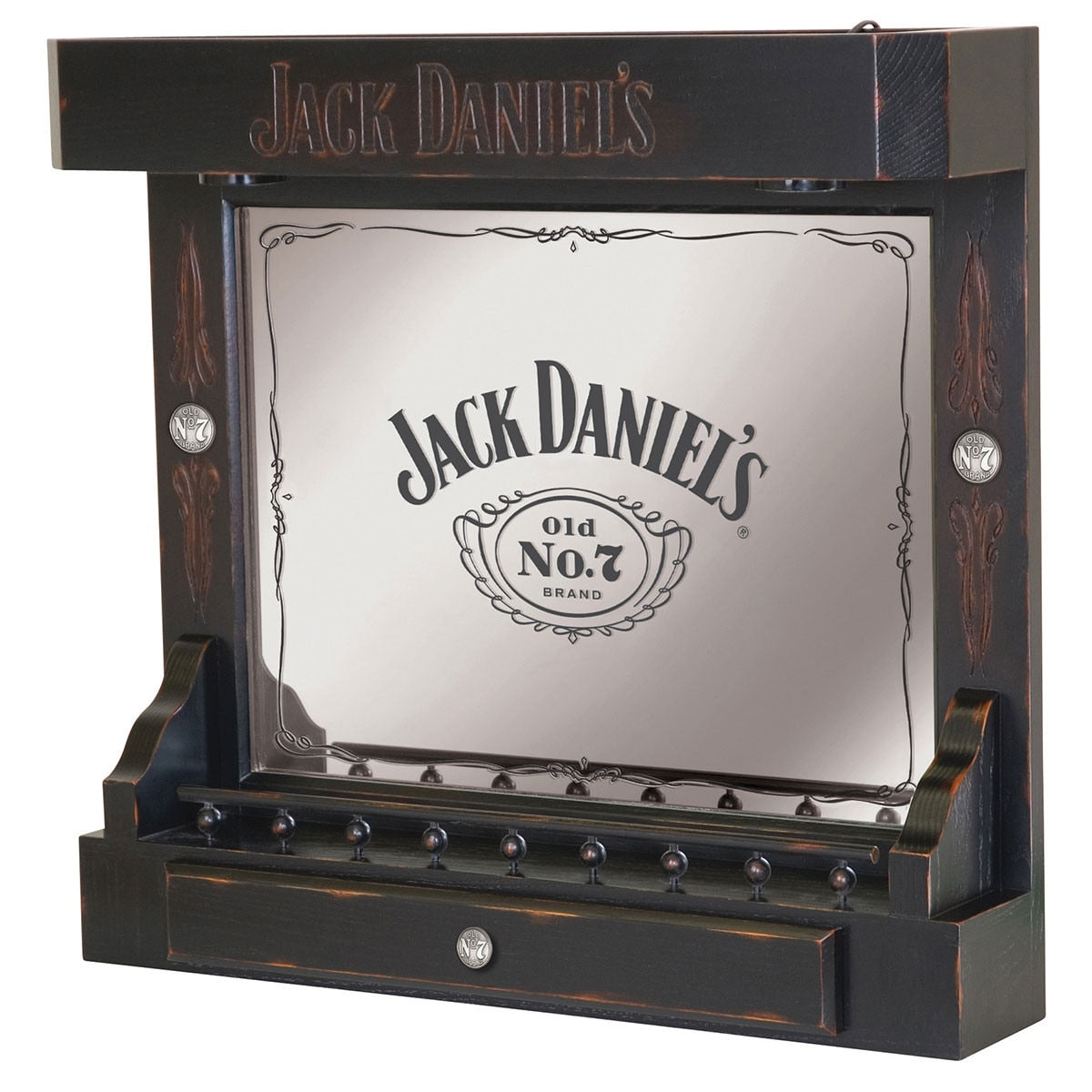 Jack Daniel's Back Bar in Tennessee Charcoal finish with laser-engraved logo, LED-lit Old No. 7 mirror, bottle shelf, and antique pewter drawer pull