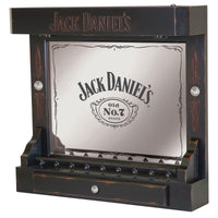 Jack Daniel's Back Bar in Tennessee Charcoal finish with laser-engraved logo, LED-lit Old No. 7 mirror, bottle shelf, and antique pewter drawer pull