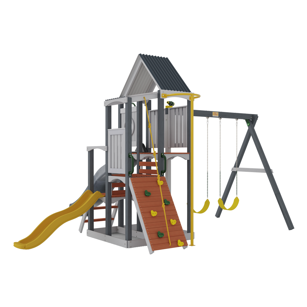 Jack and June Haven Playset back view showing deck heights and slide